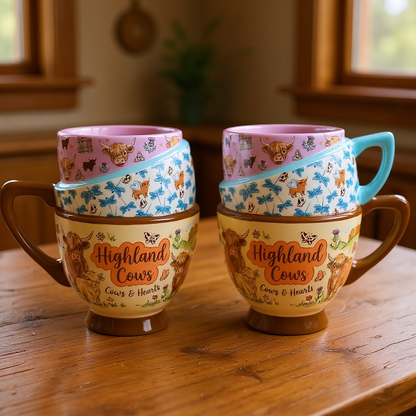 Highland Cow Ceramic Mug – Unique Stacked-Style Design Coffee Cup, Cute Farm Animal Mug for Cow Lovers