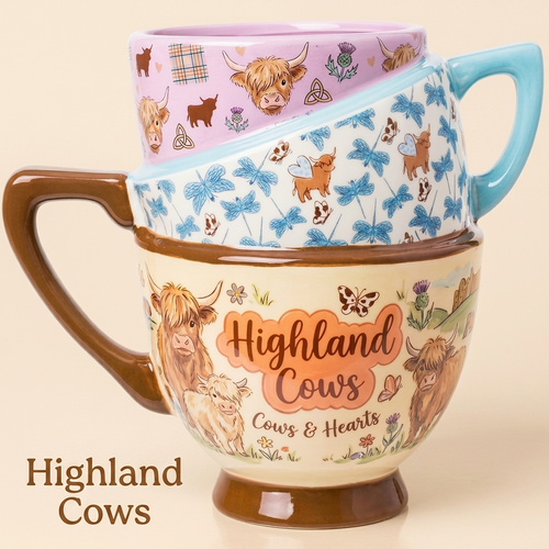 Highland Cow Ceramic Mug – Unique Stacked-Style Design Coffee Cup, Cute Farm Animal Mug for Cow Lovers