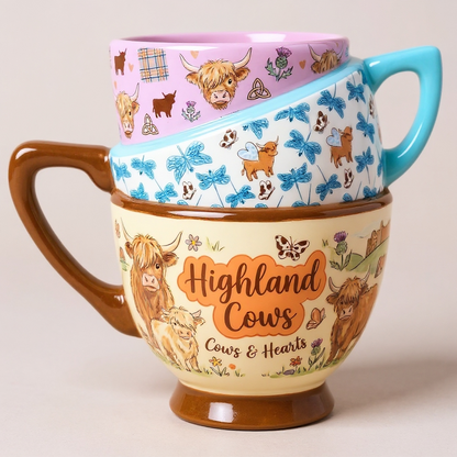 Highland Cow Ceramic Mug – Unique Stacked-Style Design Coffee Cup, Cute Farm Animal Mug for Cow Lovers