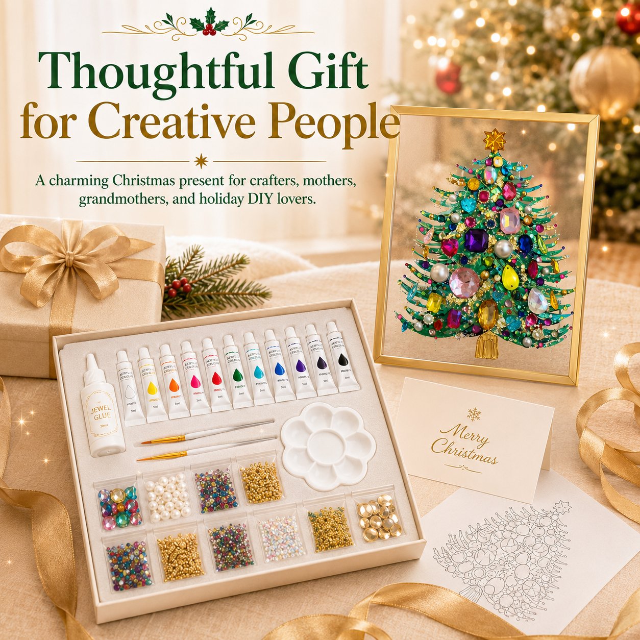 🎄 DIY Jeweled Christmas Tree Art Kit | Colorful Gems, Pearls, Paints & Gold-Tone Floating Display Frame 💎✨