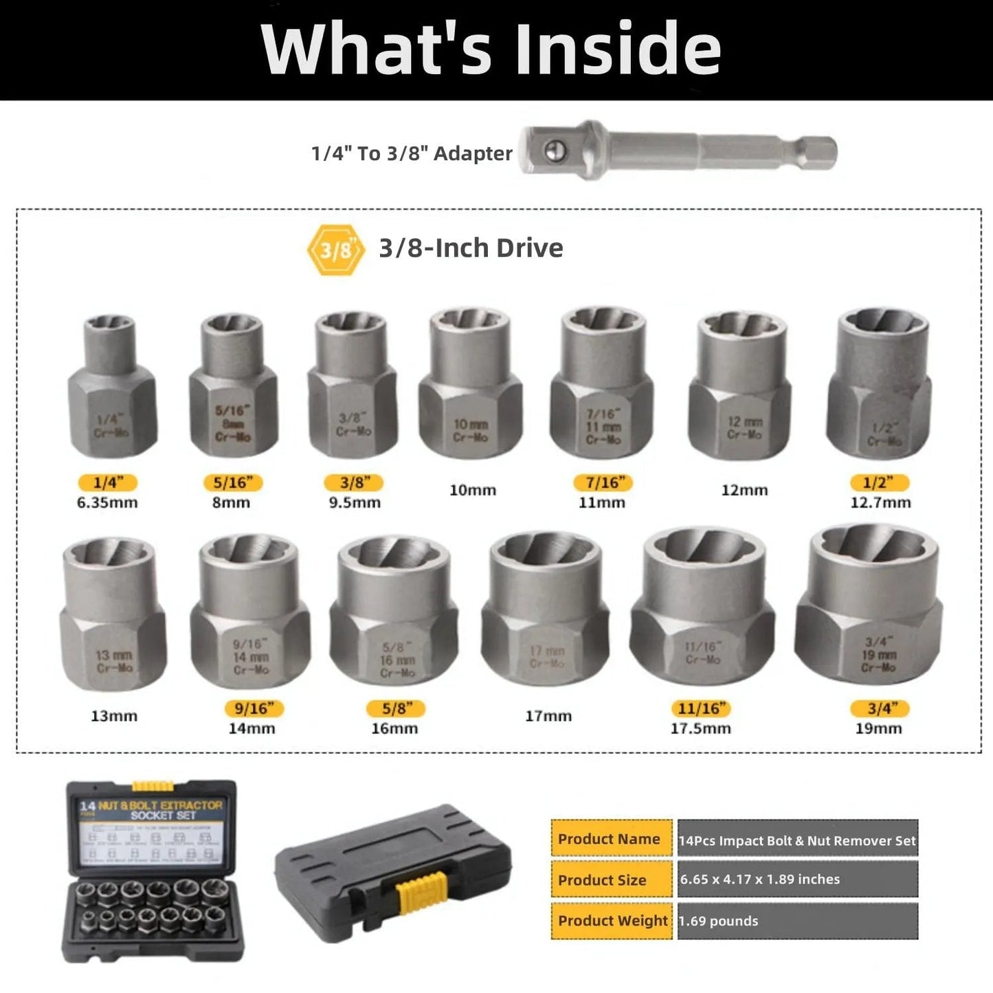 14Pc Impact Bolt & Nut Extractor Set – Stripped Lug & Rounded Bolt Remover for Damaged, Frozen Fasteners