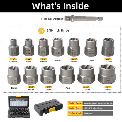 14Pc Impact Bolt & Nut Extractor Set – Stripped Lug & Rounded Bolt Remover for Damaged, Frozen Fasteners