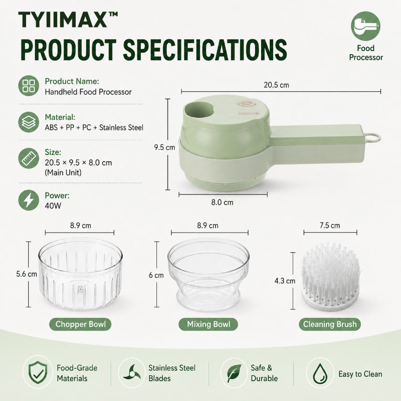TYIIMAX™ 4-in-1 Rechargeable Food Chopper – 1200mAh Cordless Food Processor with 40W Motor, Slicer & Chopper Blades
