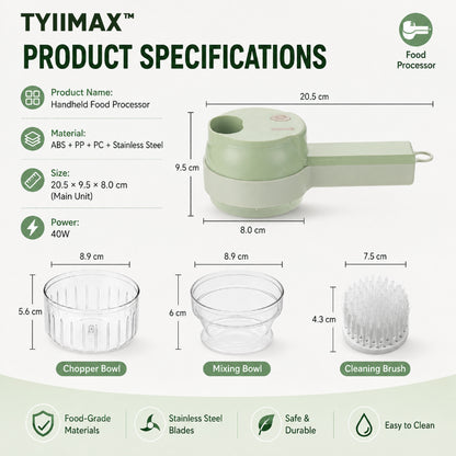 TYIIMAX™ 4-in-1 Rechargeable Food Chopper – 1200mAh Cordless Food Processor with 40W Motor, Slicer & Chopper Blades