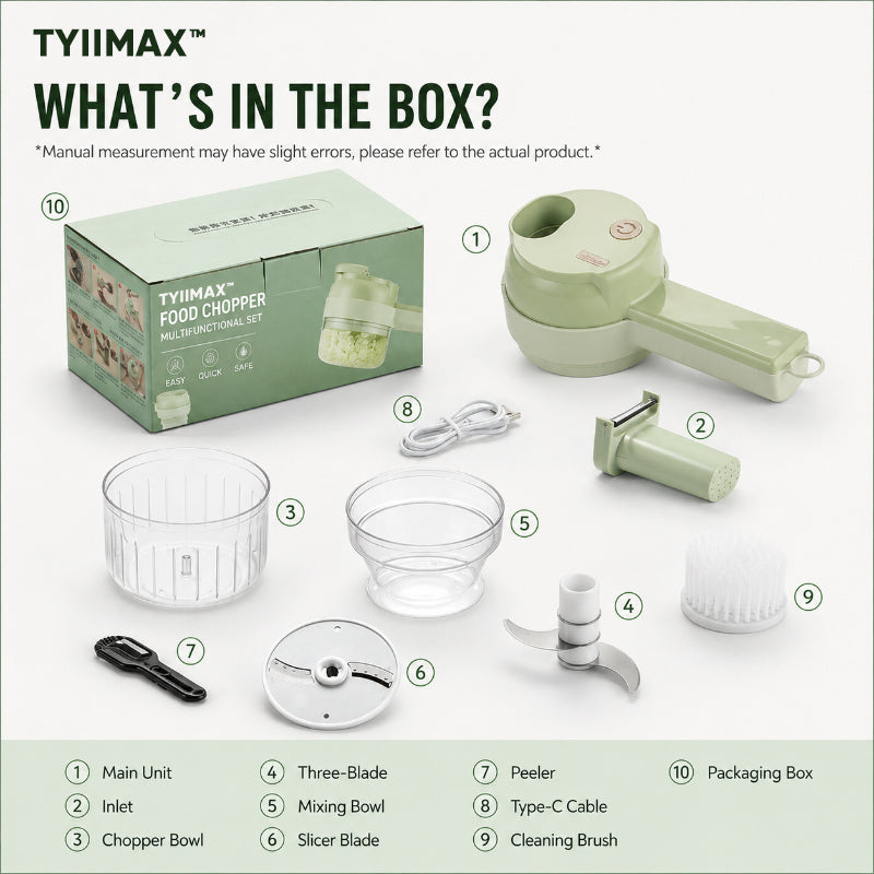 TYIIMAX™ 4-in-1 Rechargeable Food Chopper – 1200mAh Cordless Food Processor with 40W Motor, Slicer & Chopper Blades
