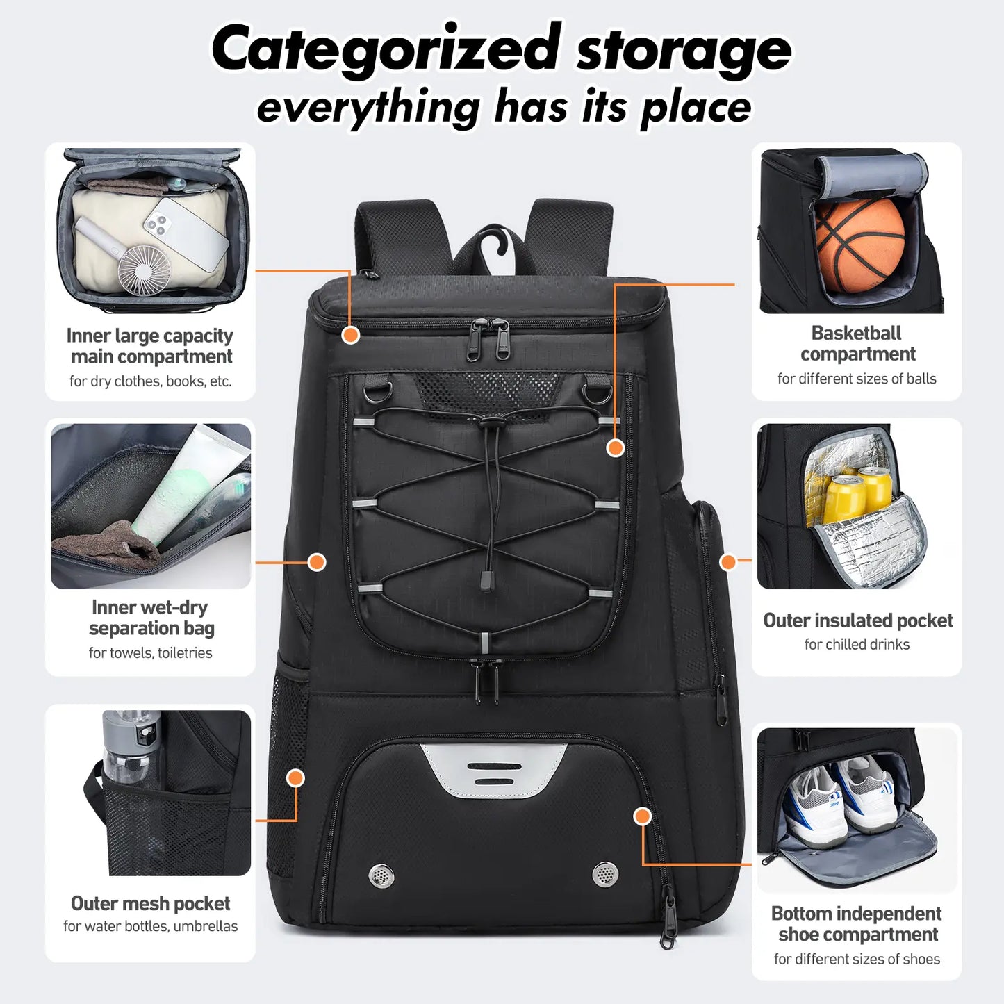 Sport Backpack with Separate Ball Holder & Shoes Compartment