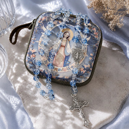 TYIIMAX™ Ocean Blue Crystal Rosary Necklace with Prayer Case – Catholic Glass Bead Rosary Gift