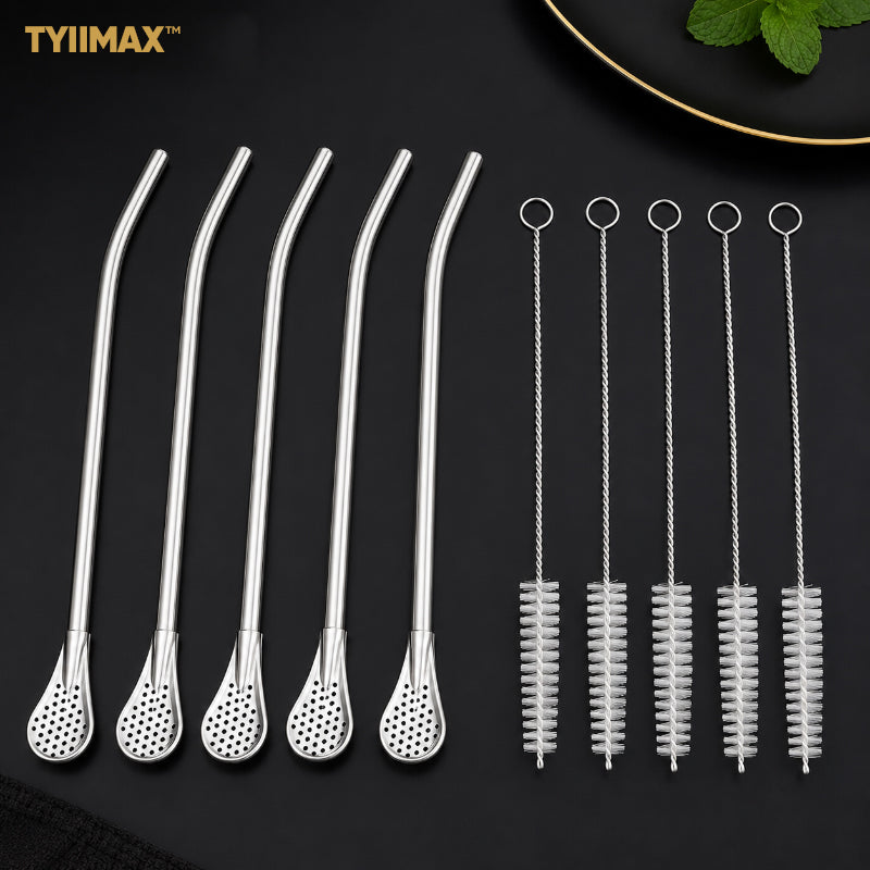TYIIMAX™ 2-in-1 Stainless Steel Straw & Spoon – Reusable Drinking Straw with Stirring Spoon, Filter & Cleaning Brush