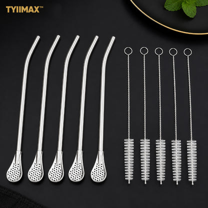 TYIIMAX™ 2-in-1 Stainless Steel Straw & Spoon – Reusable Drinking Straw with Stirring Spoon, Filter & Cleaning Brush