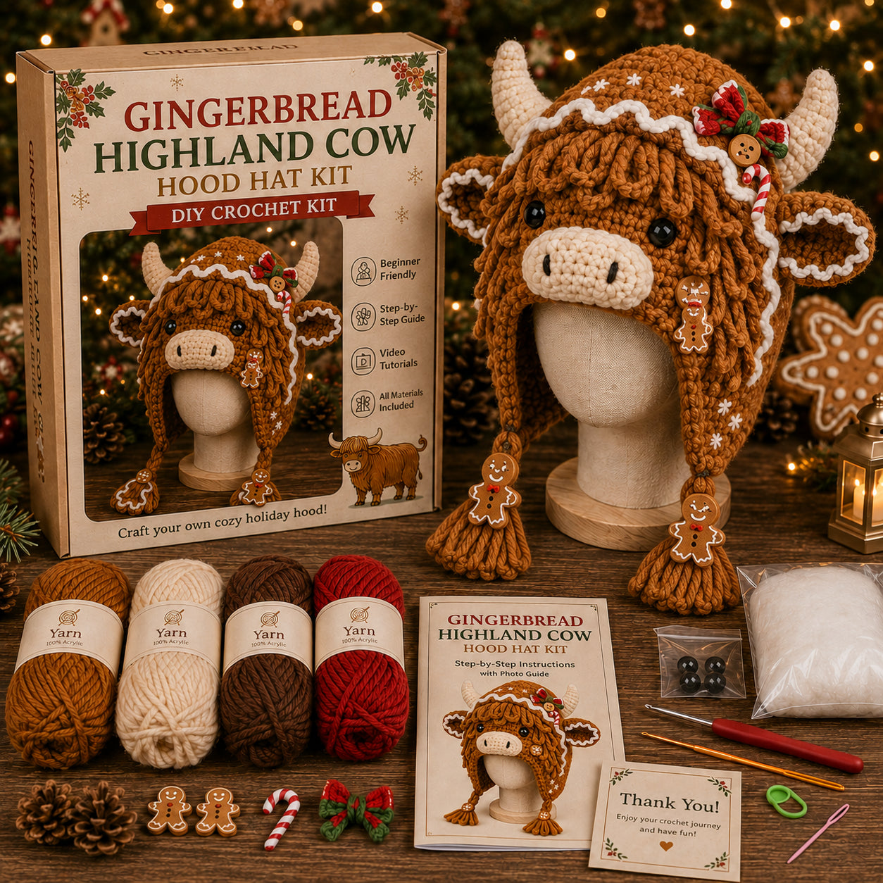 Christmas Highland Cow Hood Hat DIY Crochet Kit