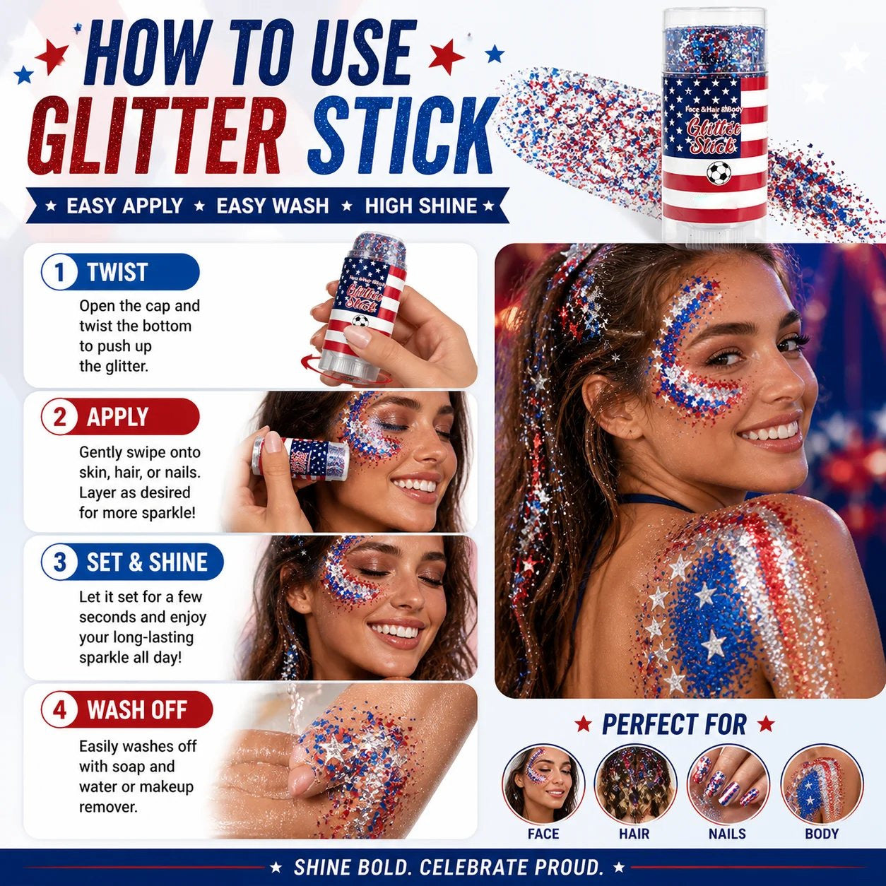 🦅🔔4th of July Glitter Stick🎇 Red, White & Blue Body & Hair Sparkle