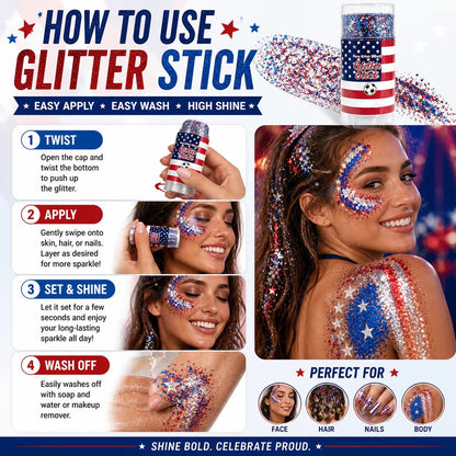 🦅🔔4th of July Glitter Stick🎇 Red, White & Blue Body & Hair Sparkle