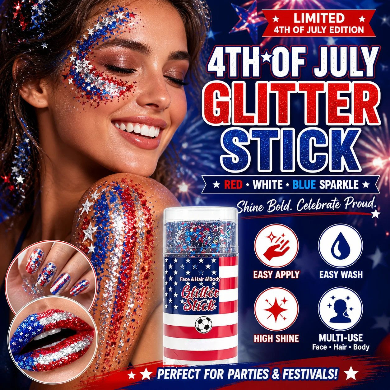 🦅🔔4th of July Glitter Stick🎇 Red, White & Blue Body & Hair Sparkle