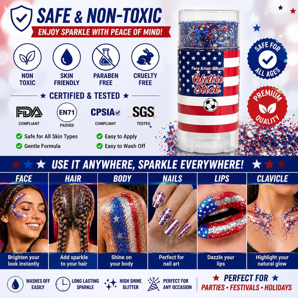 🦅🔔4th of July Glitter Stick🎇 Red, White & Blue Body & Hair Sparkle