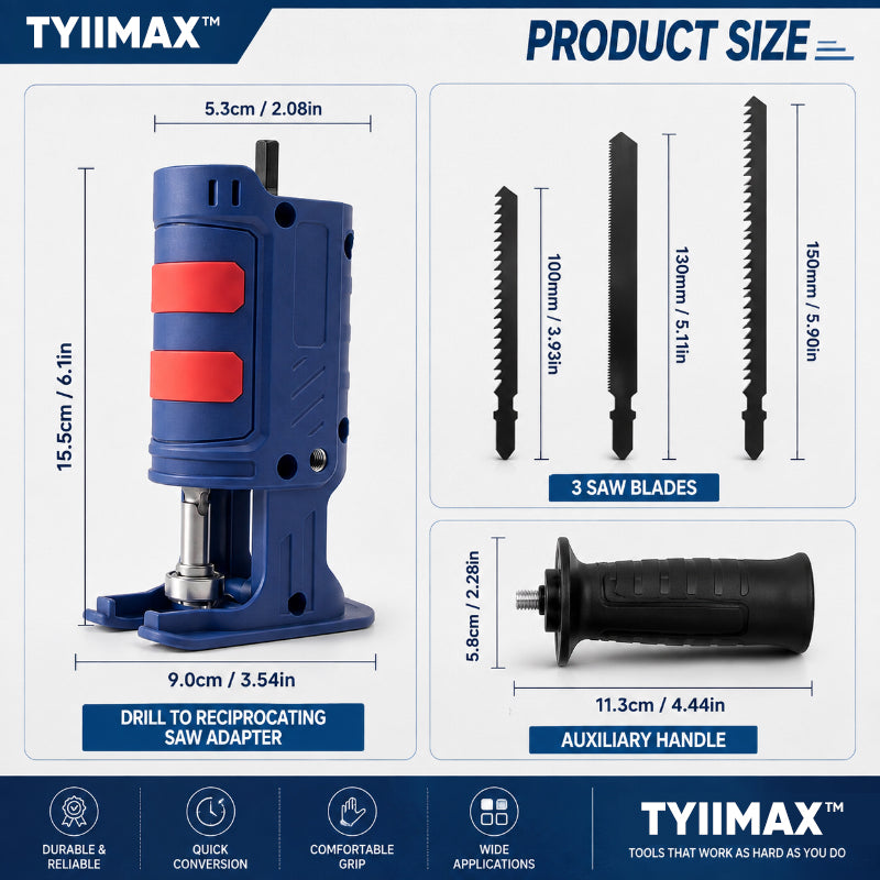 TYIIMAX™ New Drill to Reciprocating Saw Adapter – Electric Drill Conversion Attachment with 3 Saw Blades