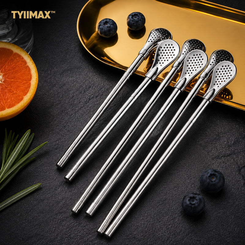 TYIIMAX™ 2-in-1 Stainless Steel Straw & Spoon – Reusable Drinking Straw with Stirring Spoon, Filter & Cleaning Brush