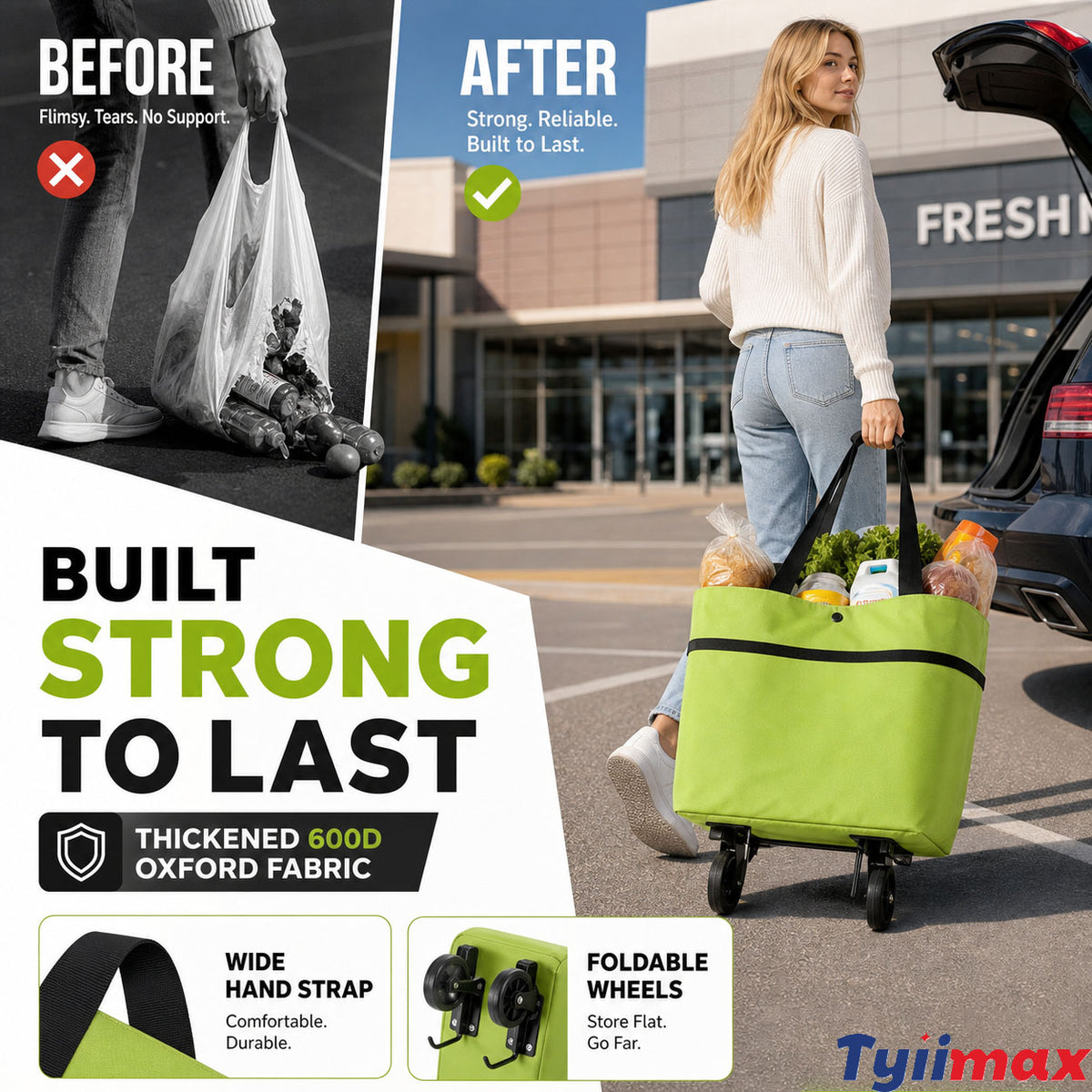🔥HOT SALE 50% OFF🔥2-in-1 Foldable Shopping Cart Bag with Wheels – Reusable Rolling Grocery Tote