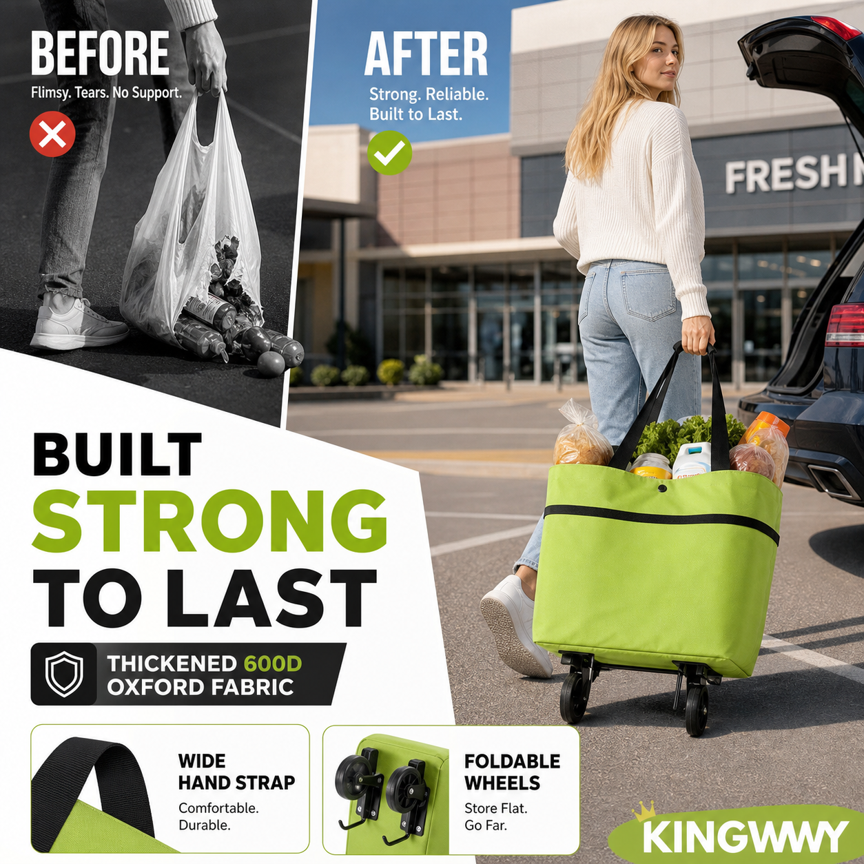🔥HOT SALE 50% OFF🔥2-in-1 Foldable Shopping Cart Bag with Wheels – Reusable Rolling Grocery Tote