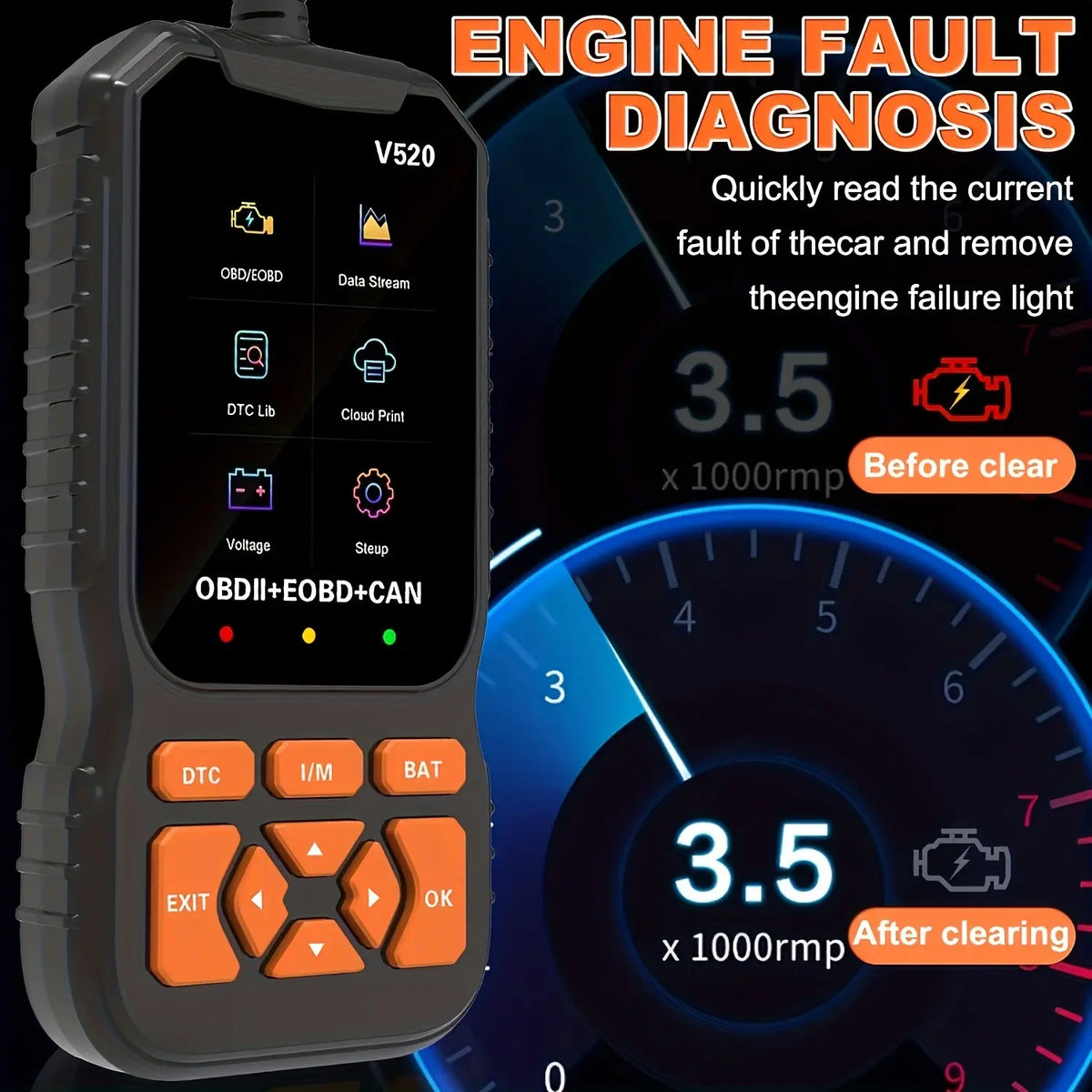 TYIIMAX™ V520 OBD2 Scanner Car Diagnostic Tool, Code Reader with Live Data Stream, Battery Voltage Test & I/M Readiness for All OBDII Vehicles