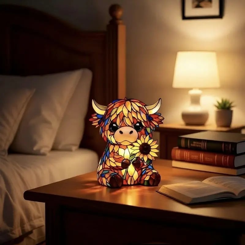 ✨ Creative Highland Cow LED Night Light, Home Cartoon Animal Resin Figurine, Cute Decorative Lamp for Kids' Room & Living Area, Table Bedside Lamp, USB Powered Lamp