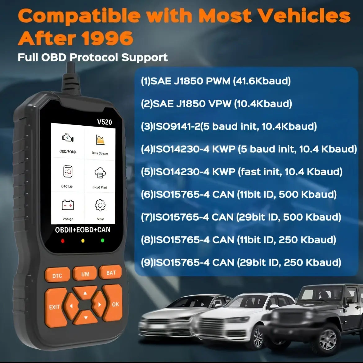 TYIIMAX™ V520 OBD2 Scanner Car Diagnostic Tool, Code Reader with Live Data Stream, Battery Voltage Test & I/M Readiness for All OBDII Vehicles