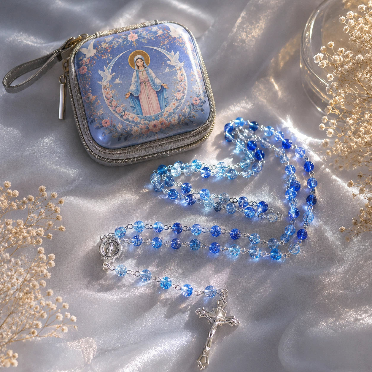 TYIIMAX™ Ocean Blue Crystal Rosary Necklace with Prayer Case – Catholic Glass Bead Rosary Gift