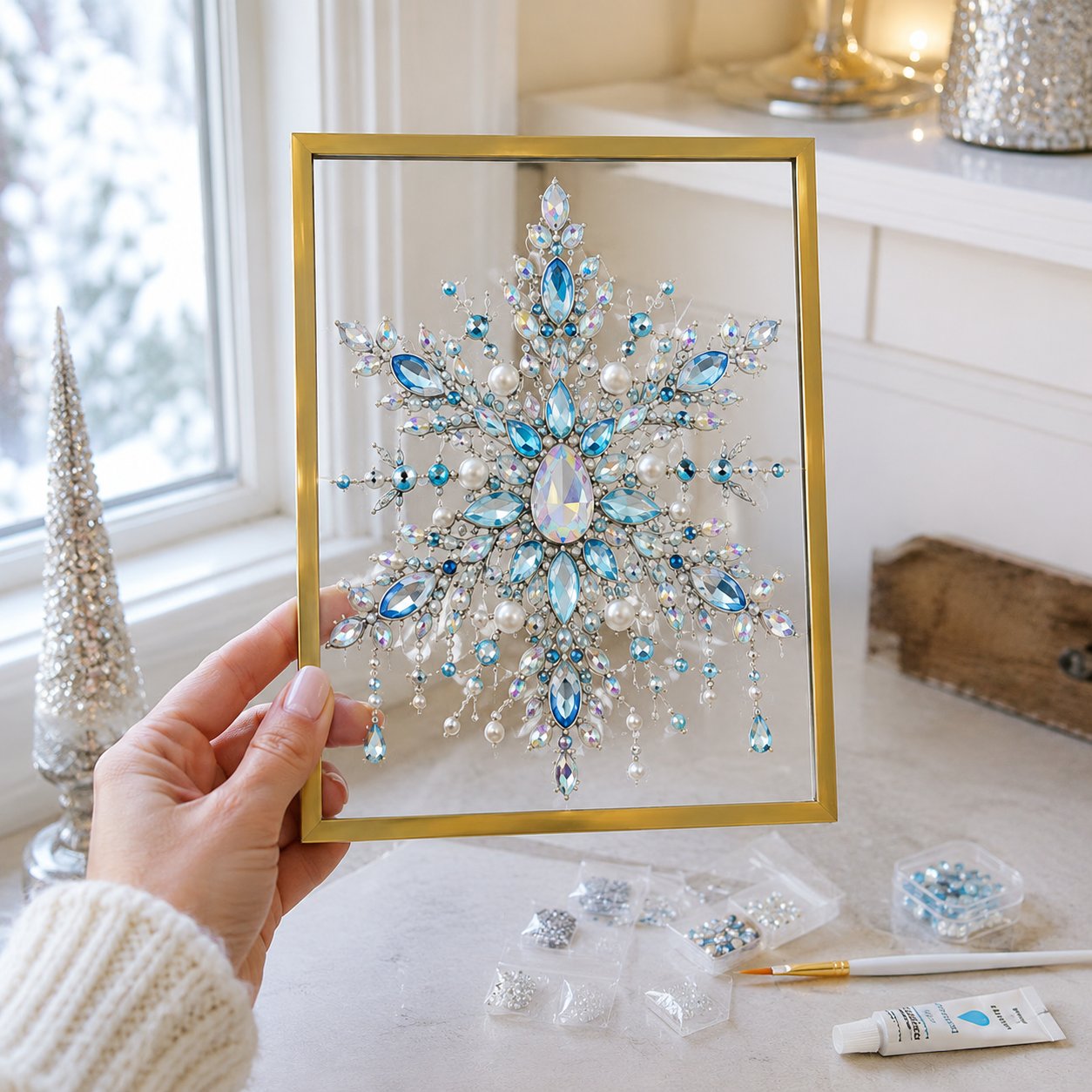 🎄 DIY Jeweled Christmas Tree Art Kit | Colorful Gems, Pearls, Paints & Gold-Tone Floating Display Frame 💎✨