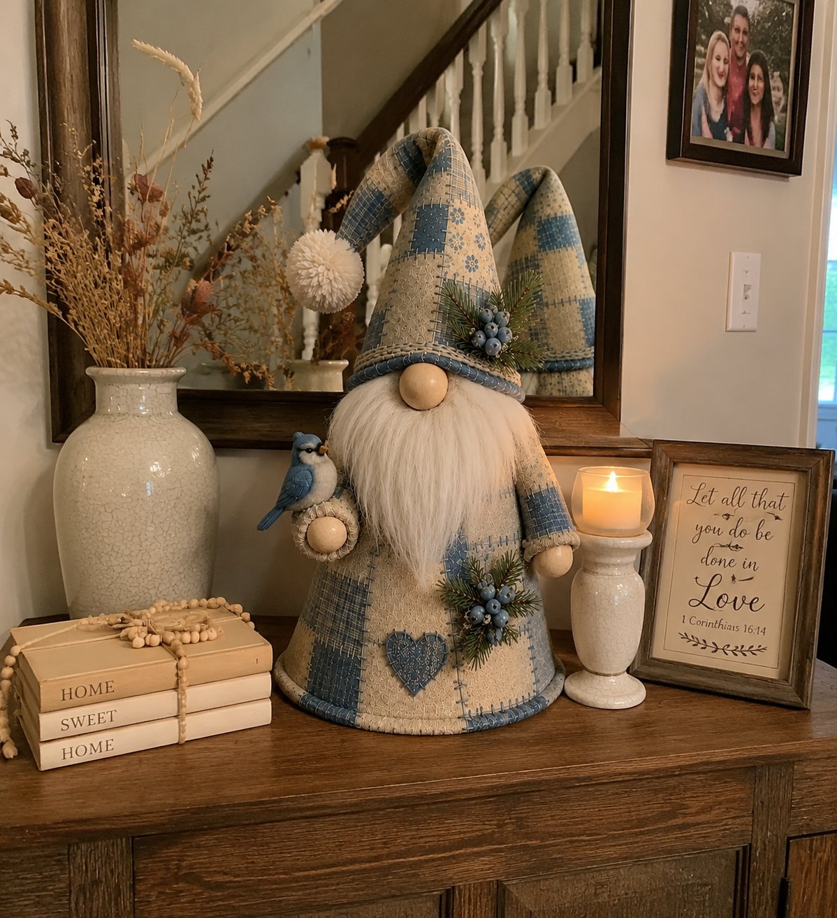 🐦 Patchwork Bird Gnome Light Collection | Warm Glowing Tabletop Decor with Farmhouse Patchwork Details for Mantels, Shelves & Holiday Gifts ✨
