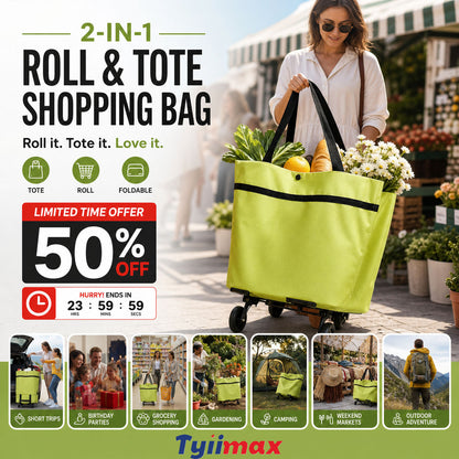 🔥HOT SALE 50% OFF🔥2-in-1 Foldable Shopping Cart Bag with Wheels – Reusable Rolling Grocery Tote