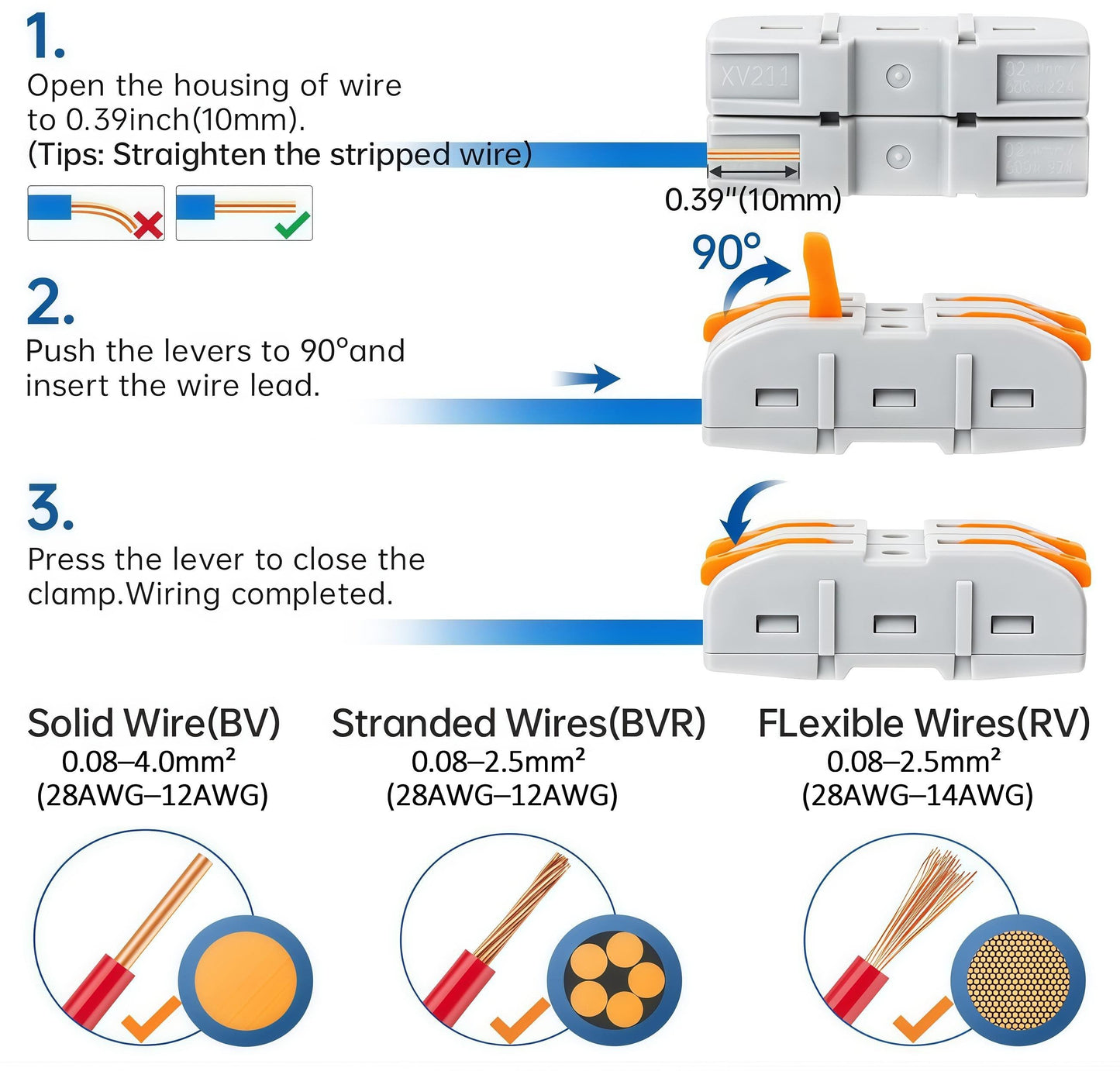 Universal Quick Lever Electrical Wire Connectors (24-12 AWG) Assortment (50/100Pcs) + Wire Stripper