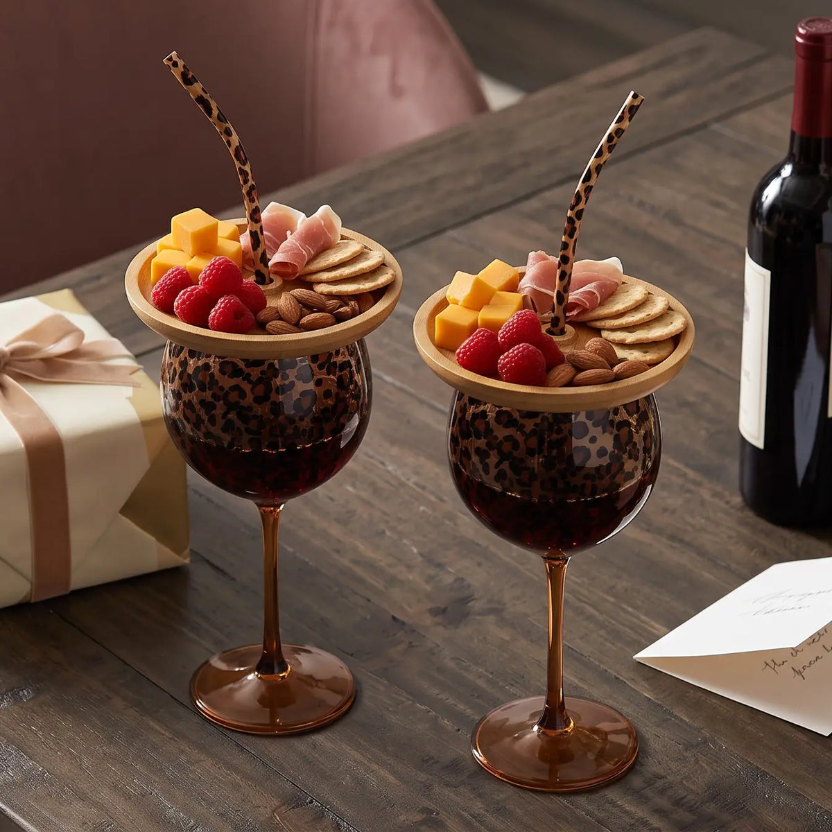 Leopard Print Wine Glass & Snack Charcuterie Set