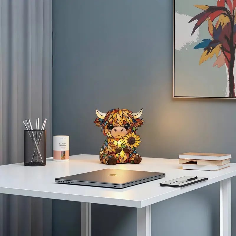 ✨ Creative Highland Cow LED Night Light, Home Cartoon Animal Resin Figurine, Cute Decorative Lamp for Kids' Room & Living Area, Table Bedside Lamp, USB Powered Lamp