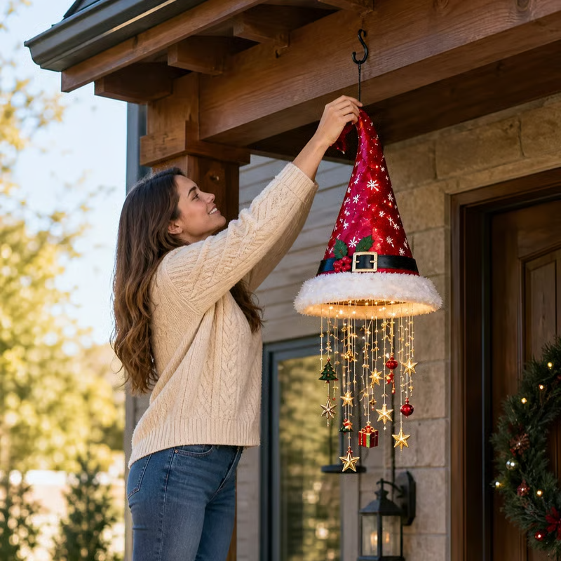 Woman hanging a Santa hat Christmas chandelier from a covered porch hook