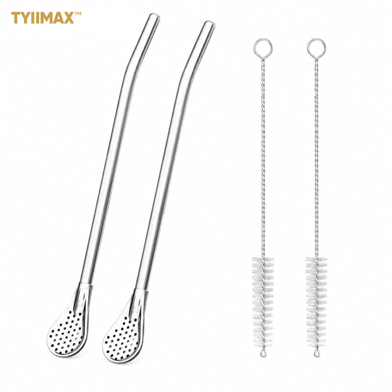 TYIIMAX™ 2-in-1 Stainless Steel Straw & Spoon – Reusable Drinking Straw with Stirring Spoon, Filter & Cleaning Brush