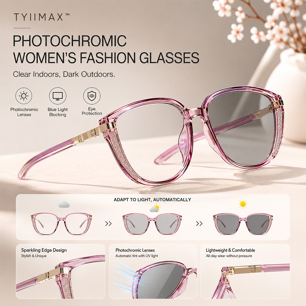 TYIIMAX™ Women's Photochromic Prescription Glasses – Oversized Fashion Frames with Blue Light Protection