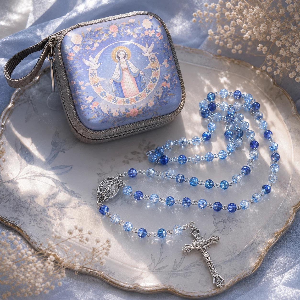 TYIIMAX™ Ocean Blue Crystal Rosary Necklace with Prayer Case – Catholic Glass Bead Rosary Gift