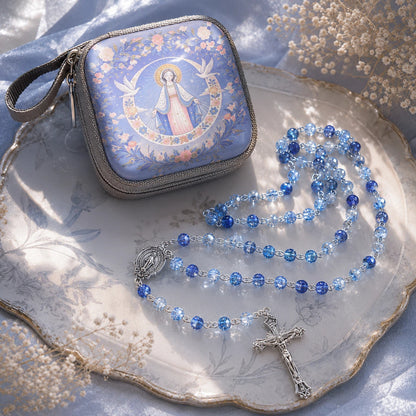 TYIIMAX™ Ocean Blue Crystal Rosary Necklace with Prayer Case – Catholic Glass Bead Rosary Gift