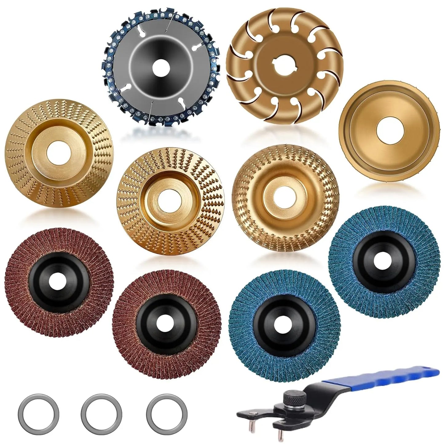 11PCS Wood Carving Disc Set for 4" or 4½" Angle Grinder – Stump Tool Grinding Wheel, Woodworking Attachment