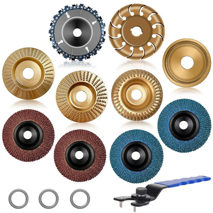 11PCS Wood Carving Disc Set for 4" or 4½" Angle Grinder – Stump Tool Grinding Wheel, Woodworking Attachment