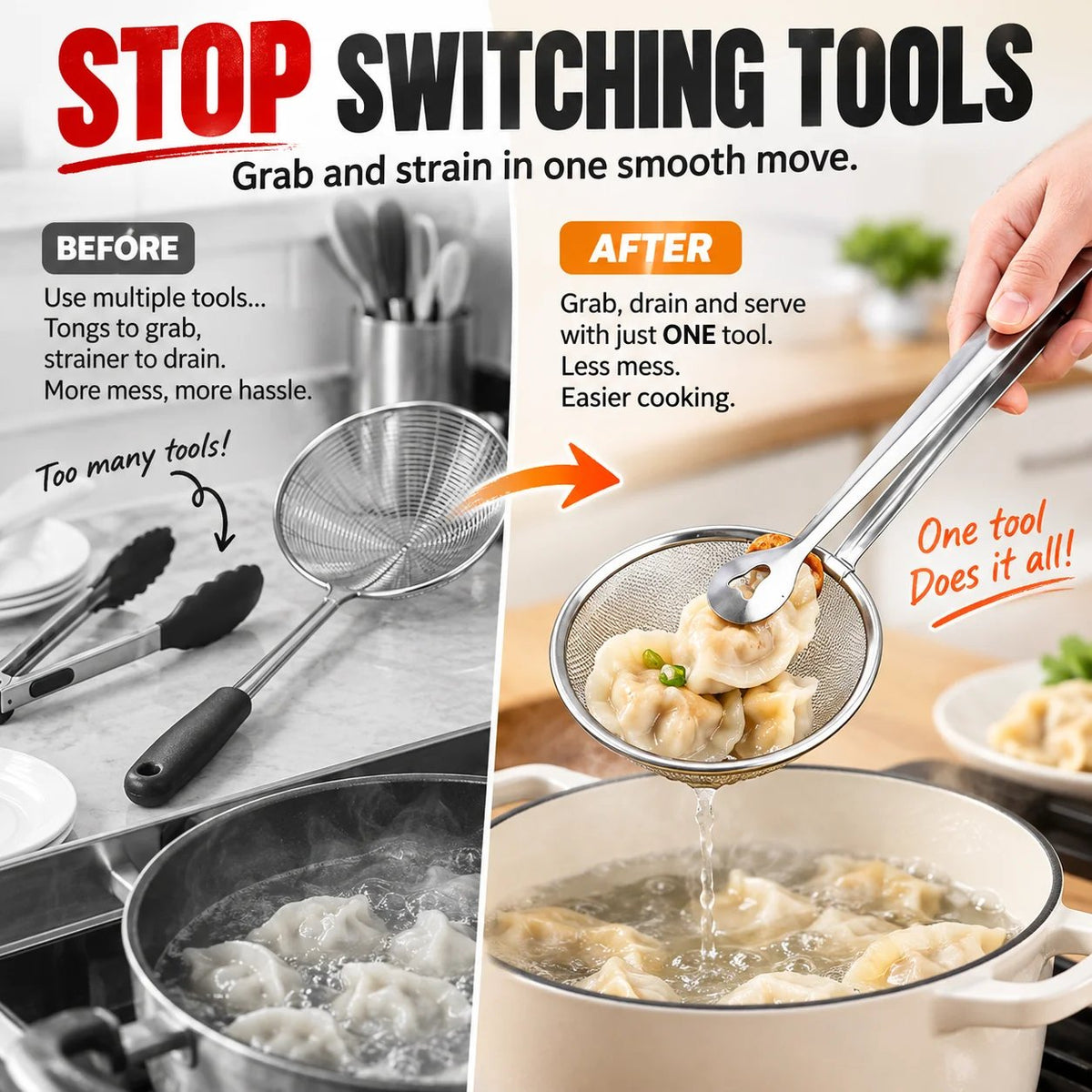 🔥Tyiimax™ 2-in-1 Stainless Steel Strainer Tongs – Grab, Drain & Serve with One Tool