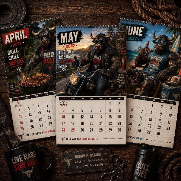Bull Mode™ 2027 A4 Funny Men's Desk Calendar – 12 Rugged Bull Lifestyle Designs | TYIIPLUS™