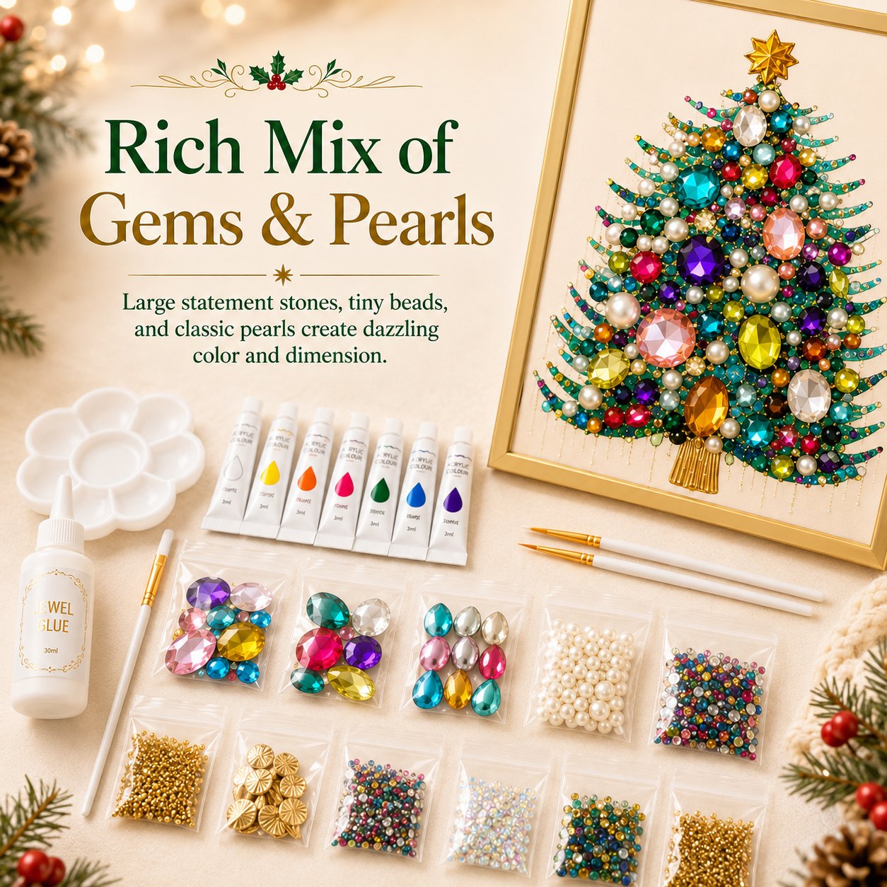 🎄 DIY Jeweled Christmas Tree Art Kit | Colorful Gems, Pearls, Paints & Gold-Tone Floating Display Frame 💎✨