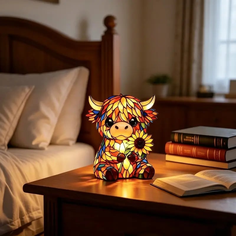 ✨ Creative Highland Cow LED Night Light, Home Cartoon Animal Resin Figurine, Cute Decorative Lamp for Kids' Room & Living Area, Table Bedside Lamp, USB Powered Lamp