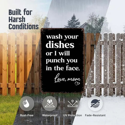 Funny "Wash Your Dishes or I'll Punch You in the Face" Metal Tin Sign, 8 × 12 in