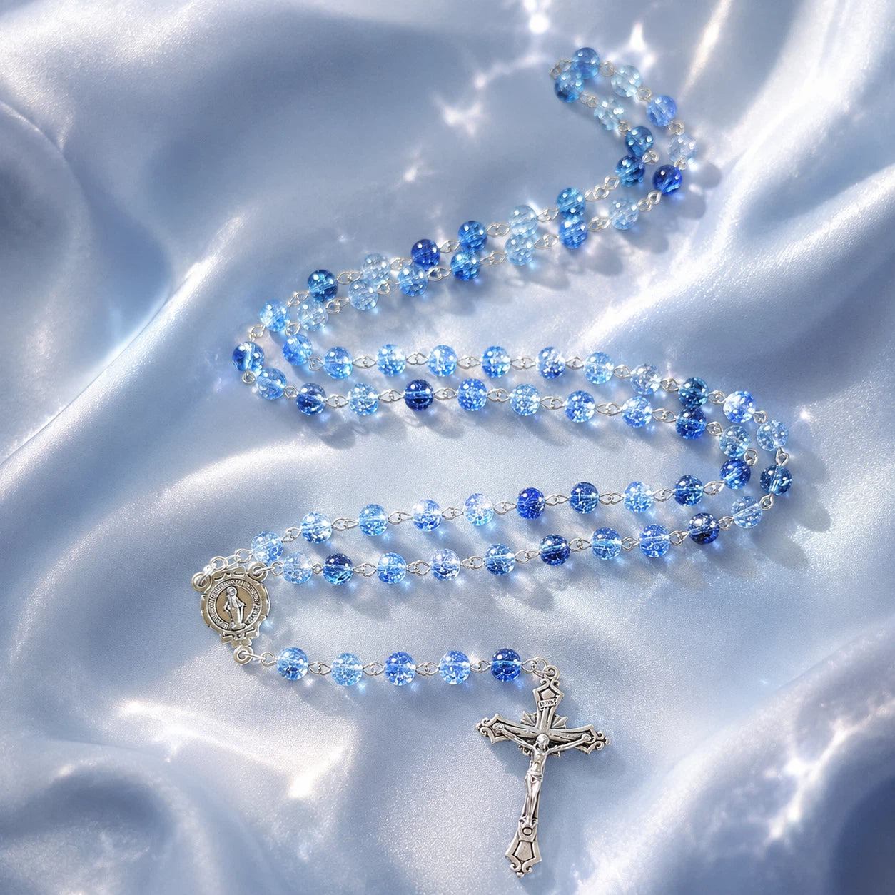 TYIIMAX™ Ocean Blue Crystal Rosary Necklace with Prayer Case – Catholic Glass Bead Rosary Gift