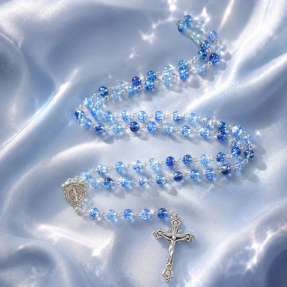 TYIIMAX™ Ocean Blue Crystal Rosary Necklace with Prayer Case – Catholic Glass Bead Rosary Gift