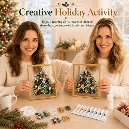 🎄 DIY Jeweled Christmas Tree Art Kit | Colorful Gems, Pearls, Paints & Gold-Tone Floating Display Frame 💎✨