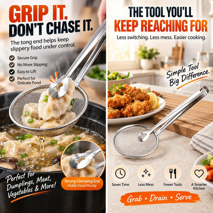 🔥Tyiimax™ 2-in-1 Stainless Steel Strainer Tongs – Grab, Drain & Serve with One Tool