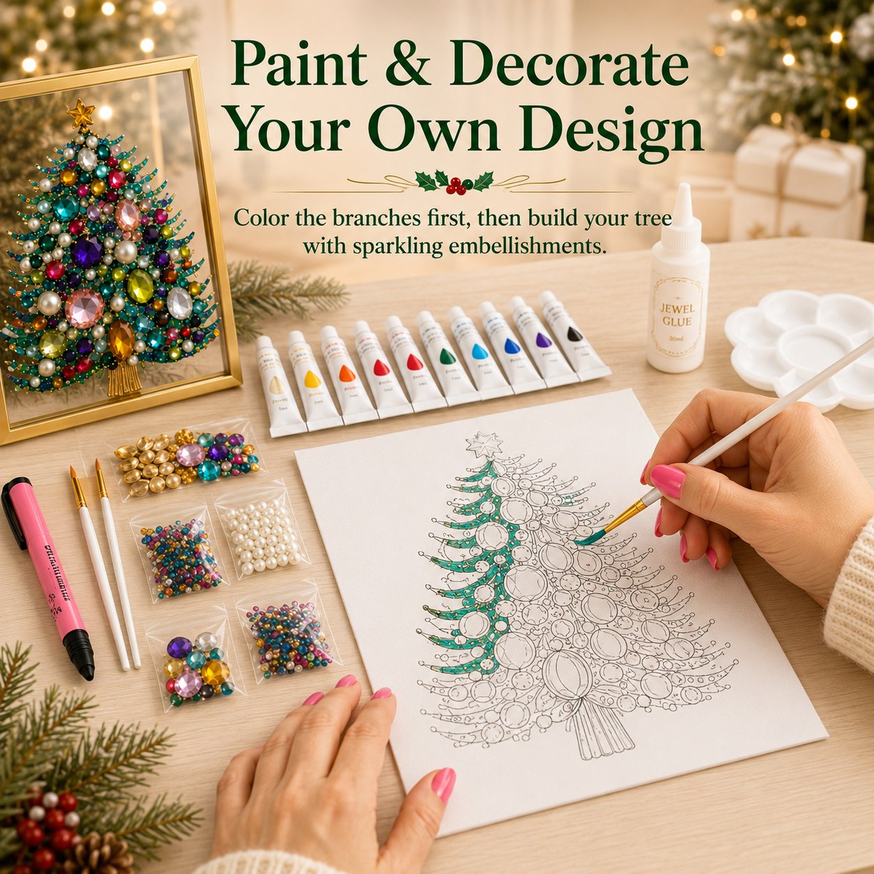 🎄 DIY Jeweled Christmas Tree Art Kit | Colorful Gems, Pearls, Paints & Gold-Tone Floating Display Frame 💎✨