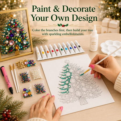 🎄 DIY Jeweled Christmas Tree Art Kit | Colorful Gems, Pearls, Paints & Gold-Tone Floating Display Frame 💎✨